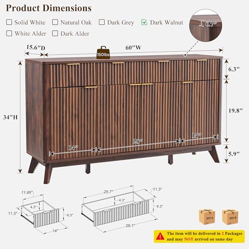 T4TREAM 60 Inch Fluted Buffet Sideboard Cabinet, Dark Walnut | Modern Coffee Bar Storage Cabinet With 3 Drawers & 4 Doors, for Dining Room, Living Room, Hallway, Adjustable shelves - color: Dark Walnut
