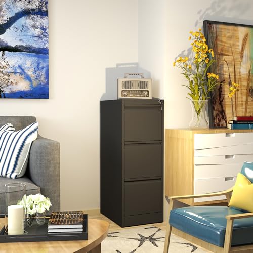 3 Drawer File Cabinet with Lock, 18" D Metal Vertical Filing Cabinets for Home Office, Heavy-duty Steel Narrow Locking Storage Cabinet,Hanging A4 F4 Legal Letter Size,Assembly Required Black - color: Black, size: 3 Drawers