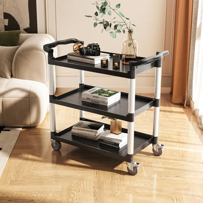 VEVOR Utility Cart, 300 lbs Load Capacity, 3-Tier Utility Plastic Cart with 360° Swivel Wheels (2 with Brakes), 24.4 x 16.1-inch Food Service Cart for Warehouse, Office, Home, Restaurant, Kitchen - style: 3 Tier-300LBS