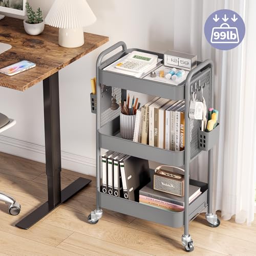 TOOLF 3 Tier Rolling Cart, Metal Utility Storage Cart with Pegboard, Grey | 2 Bins & 4 Hooks, Screwless Assembly, Lockable Wheels, Trolley Organizer for Bathroom, Kitchen, Office, Dorm, Craft Room - color: Gray, size: 3-Tier