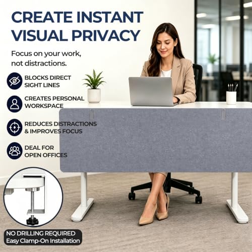 Desk Privacy Panel, Gray Clamp-On Divider for Office & Home | No-Drill Clamp Mount,Under Desk,Polyester,Cable Routing Clearance,Pin-Friendly Felt Surface,48" x 18"