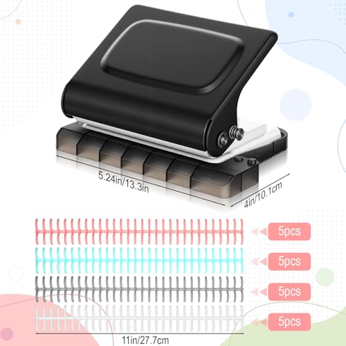 Grey 10-Hole Binding Machine for Planner with 20pcs Comb Binding Spines, Plastic Spiral Bindings Coils，30 Holes on A4,20 Holes on A5,26 Hole on B5,10 Sheet Capacity