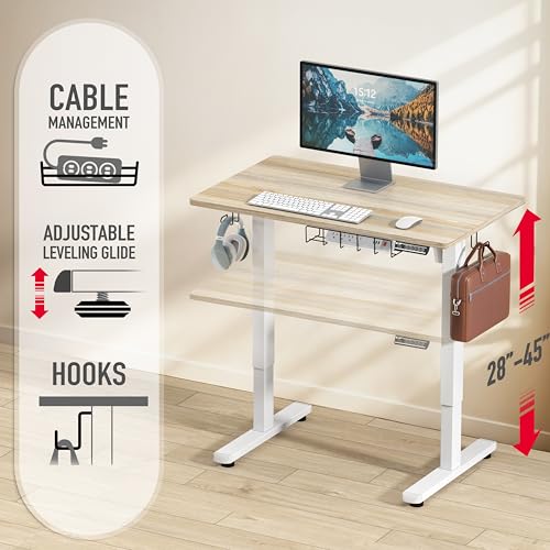 SHW 40 x 22 Inches Electric Height Adjustable Sit to Stand Desk, Maple | with Hanging Hooks and Cable Management, White Frame and Maple Top - color: Maple, size: 40-Inch