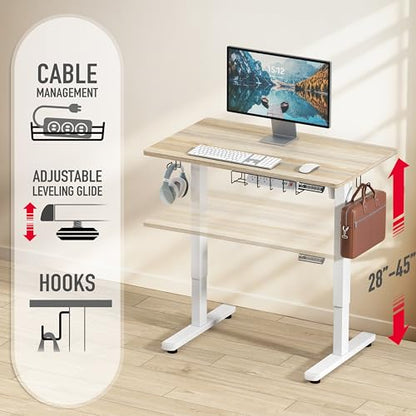 SHW 40 x 22 Inches Electric Height Adjustable Sit to Stand Desk, Maple | with Hanging Hooks and Cable Management, White Frame and Maple Top - color: Maple, size: 40-Inch