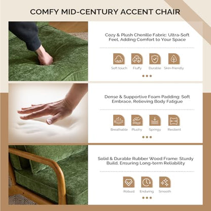 VINGLI Chenille Mid-Century Modern Accent Chair Set of 2, Cute Reading Arm Chair with Cushion & Lumbar Pillow & Solid Wood Frame for Lounge, Living Room, Reading Room, Bedroom, Olive-Green - color: Olive-green