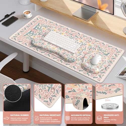 iCasso Desk Pad Mat, Large Mouse Pad and Keyboard Wrist Rest Set, Desk Protector Mat,4in1 Ergonomic Carpal Tunnel Keyboard Pad with Wrist Support for Desktop Cover Home Office Computer(Pink Flowers) - color: Pink Vine Flowers