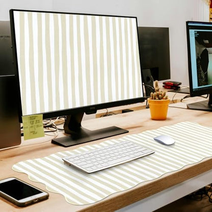 L-SPOUTTO Beige Striped Mouse Pad,Scalloped Desk Mat XXL Large Geometric Gaming Mousepad,35.4x15.7in Non-Slip Rubber Base Keyboard Pad Waterproof Desktop Mat for Laptop Computer Game Home Office - color: Beige Striped