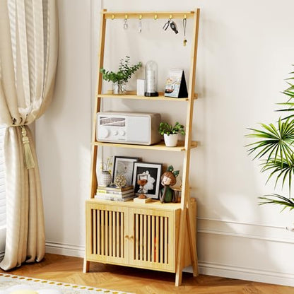 Bookshelf with Drawers, 4-Tier Bamboo Bookcase Ladder Shelf with 6 Hooks - color: 4-tier Natural
