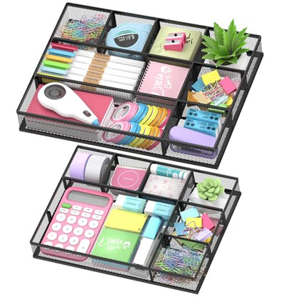 SUPEASY 2 Pack Mesh Drawer Organizer, Metal Desk Drawer Organizer Tray with 8 Adjustable Compartments, Desk Organizers and Accessories for Office Supplies, Kitchen, Makeup & Vanity (Black)