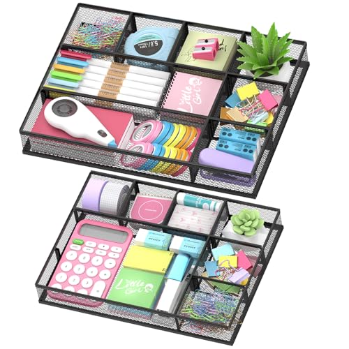 SUPEASY 2 Pack Mesh Drawer Organizer, Metal Desk Drawer Organizer Tray with 8 Adjustable Compartments, Desk Organizers and Accessories for Office Supplies, Kitchen, Makeup & Vanity (Black)
