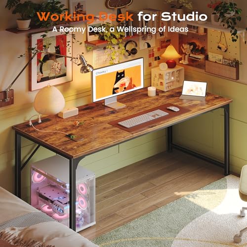 PRAISUN 54 X 24 Inch Deeper Desk with Power Outlets - color: Rustic Brown, size: 53.9*23.6 inch