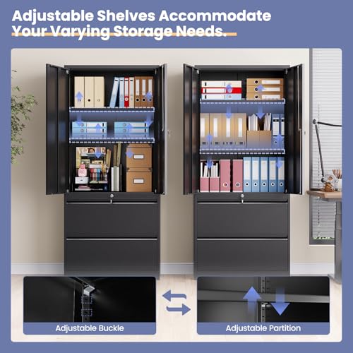 2 Drawer Lateral File Cabinet, Office Storage Cabinet with 2 Wide&Deep Drawers and Locking Doors, Black Metal Cabinet with Adjustable Shelves for Home Office, Fits A4/Letter/Legal Size Folders