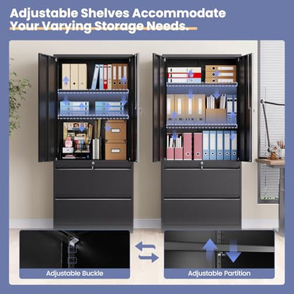 2 Drawer Lateral File Cabinet, Office Storage Cabinet with 2 Wide&Deep Drawers and Locking Doors, Black Metal Cabinet with Adjustable Shelves for Home Office, Fits A4/Letter/Legal Size Folders