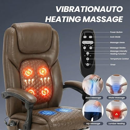 MALOL 300 lbs Massage Office Chair, Big and Tall Desk Chair with 3-Level Heat and Footrest, PU Leather Ergonomic Executive Computer Chair with Side Pocket, Brown - color: Brown, size: Set of 1, style: Classic