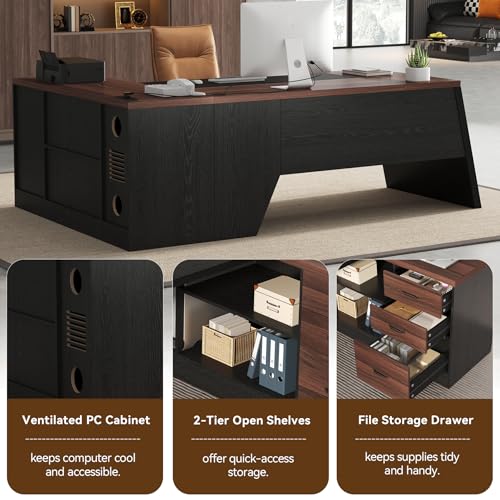 78-Inch L-Shaped Executive Desk with Drawer, Walnut Brown Black | Large Home Office Desk with Cord Hold and Power Outlet, Modern Computer Table with File Cabinet,Open Shelf and PC Stand - color: Walnut