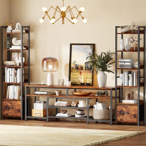 Furologee 6 Tier Bookshelf, Tall Shelf with Drawer, Wood and Metal Bookshelves Storage Organizer, Industrial Display Shelving Unit for Bedroom, Living Room, Home Office, Rustic Brown - color: Rustic Brown, size: 6 Tier -1 PCS