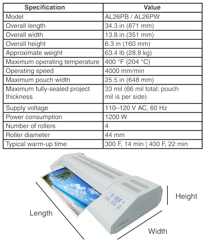 Apache Professional Laminator, Thermal Pouch, 25.5 Inch Max Width, 1.5-33 Mil, True Anti-Jam Technology, School & Office Lamination Machine, Variable Speed & Temperature, Fast Output, Robust Design - color: 26" White