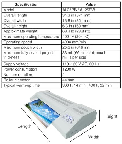 Apache Professional Laminator, Thermal Pouch, 25.5 Inch Max Width, 1.5-33 Mil, True Anti-Jam Technology, School & Office Lamination Machine, Variable Speed & Temperature, Fast Output, Robust Design - color: 26" White