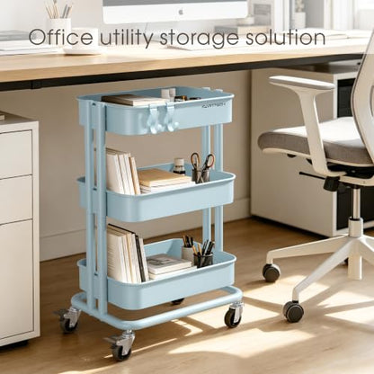 3 Tier Rolling Cart Metal Utility Cart with Lockable Wheels Home Office - color: Blue, size: Small