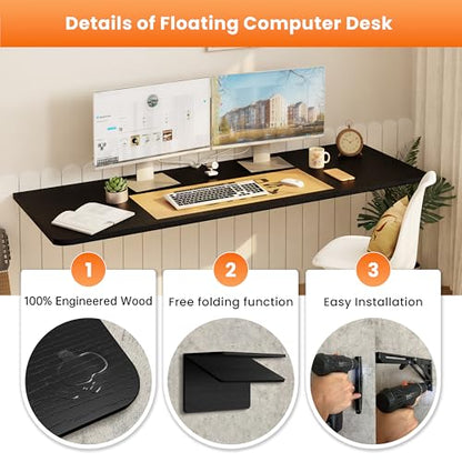IAE Wall Mounted Folding Desk,Floating Computer Desk for Small Spaces,Black | 55x22in engineered wood desktop with metal brackets, folds flat to save space in home office, apartment and laundry room - color: Black, size: 55"*22"