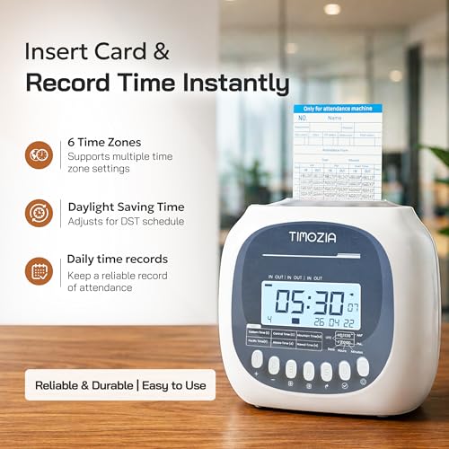 Time Clock for Employees Small Business, 6 U.S. Time Zones, Automatic Daylight Saving & Auto Time Update, Punch Card Time Recorder with 6 Punches Per Day-100 Time Cards and 2 Ribbons - color: White -Bt App