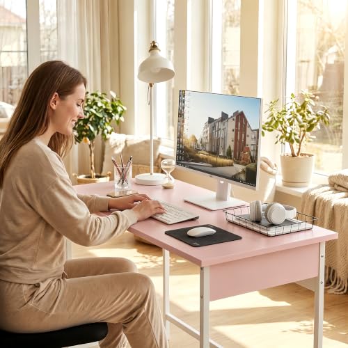 ALISENED Home Office Desk, Sturdy and Stable Computer Desk, 43.3 Inch Computer Desk, Office Desk with Metal Frame, Study Table for Home Bedroom, Pink - color: Pink, size: W-43.3in