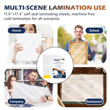 10 Pack 10 Mil 11x17" Self Sealing Laminating Pouches Self Adhesive Lamination Pouches Clear Laminate Sheets for Drawings Posters Art Prints Menu Big Certificates (No Heat & No Laminator Machine Need) - size: 11.4x17.4inch