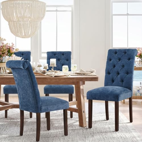 COLAMY Button Tufted Dining Chairs Set of 2, Parsons Upholstered Fabric Dining Room Chairs Kitchen Chairs with Wood Legs and Padded Seat, Blue - color: Blue, size: set of 2