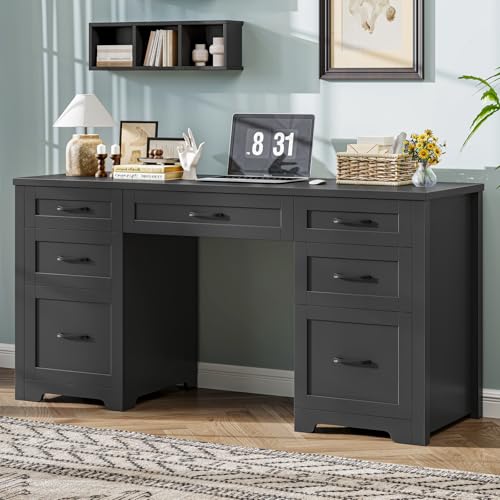 Vabches Home Office Desk with 7 Drawers, Pure Black. | Farmhouse 61'' Rustic Office Desk Computer Table with File Drawers, Wood Workstation for Home Office and Study. - color: 61in Pure Black