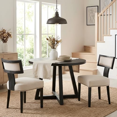 HNY Mid Century Modern Dining Chairs Set of 2, Farmhouse Linen Fabric Upholstered Accent Chairs Curved Nailhead Trim Backrest Kitchen Chairs, with Black Hardwood Frame, Beige - color: Nailhead Beige