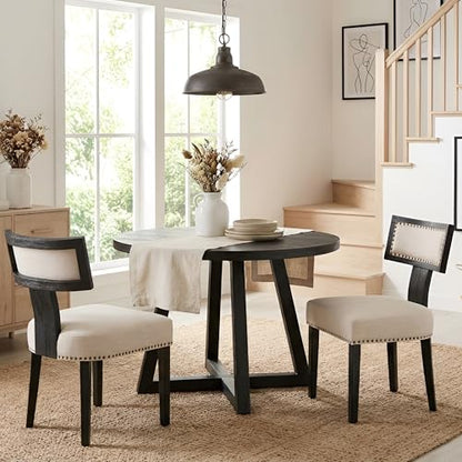 HNY Mid Century Modern Dining Chairs Set of 2, Farmhouse Linen Fabric Upholstered Accent Chairs Curved Nailhead Trim Backrest Kitchen Chairs, with Black Hardwood Frame, Beige - color: Nailhead Beige