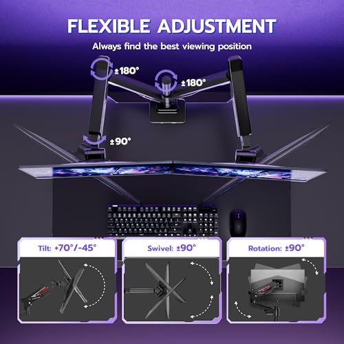ARES WING Heavy-Duty Gas Spring Dual Ultrawide Monitor Arm57 60Lbs USB VESA | Height Adjustable & Extendable,Built-in USB Port,60Lbs Per Screen, Multi VESA Fit, Clamp & Grommet Base For Ultrawide Screens - style: With USB