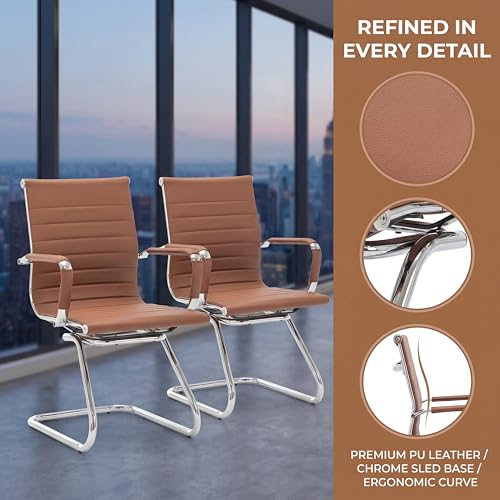 Conference Room Chairs Set of 6, Waiting Room Chairs with Arms, Faux Leather Reception Chairs No Wheels, Office Guest Chairs with Mid Back Support and Chrome Sled Base, Cafe - color: Cafe, size: 6PCS