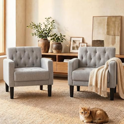 Tufted Accent Chairs Set of 2, Upholstered Armchairs for Living Room - color: Light Grey
