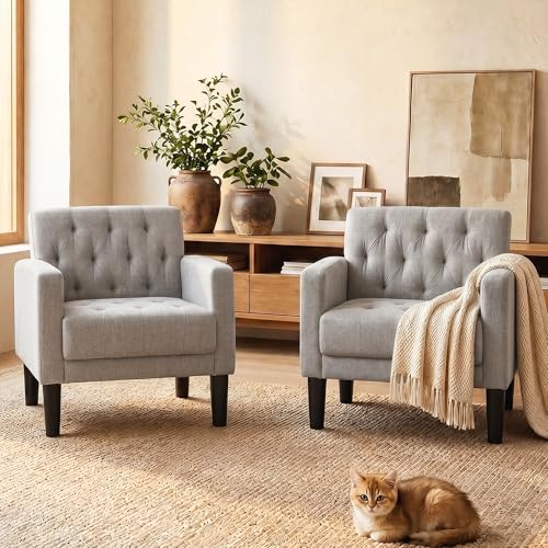 Tufted Accent Chairs Set of 2, Upholstered Armchairs for Living Room - color: Light Grey