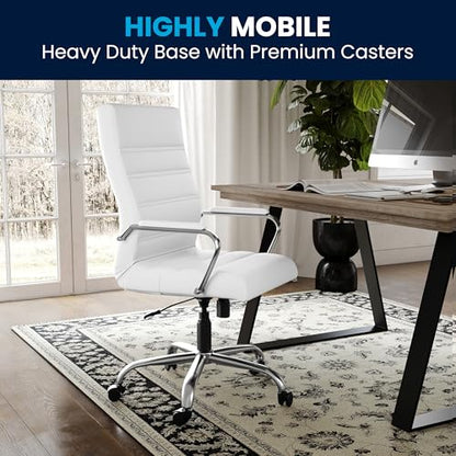 Flash Furniture Whitney High-Back Swivel LeatherSoft Desk Chair with Padded Seat and Armrests, Adjustable Height Padded Office Chair, White/Chrome | 360° Swivel, Height Adjustable, Commercial Grade - color: White Leathersoft/Chrome Frame