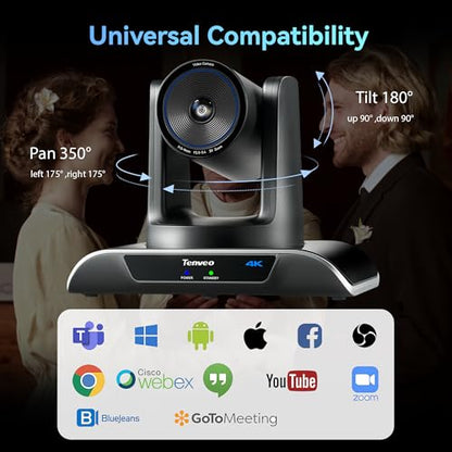 Tenveo 4K AI Auto Tracking PTZ Conference Camera, 3X Optical Zoom, 92° Wide View Angle, USB 3.0 & HDMI Conference Camera for Zoom, Teams, OBS, Live Streaming, Church Worship, Education, Meetings - color: Shadow Black