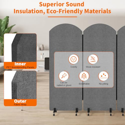 Office Divider Privacy Panel with Wheels, 72 x 66 Inch Freestanding Room Partition Wall, Portable Temporary Wall, 3 Panel Acoustic Screen for Office, Study, Classroom (Arc-Dark Gray) - color: Arc-dark Gray