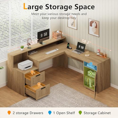 63" Fluted L Shaped Desk with Drawers & Printer Shelf for Home Office - color: Oak