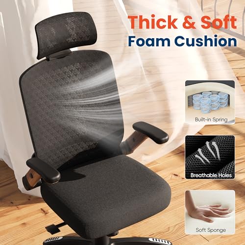 GABRYLLY Ergonomic Office Chair, High Back Home Desk Chair with Flip-Up Arms, 3D Headrest, Thick Sponge Seat &90-120° Recline, Big and Tall Mesh Executive Chairs for Man Woman, Black Woodgrain - color: Black Woodgrain