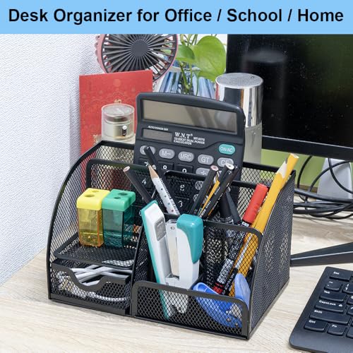 Desk Organizer Stationery Storage, Pencil Holder for Desk, Wire Mesh Office Supplies Journals Notebooks Organizers with 7 Compartments and Mini Drawer (Black) - style: 7 Compartments
