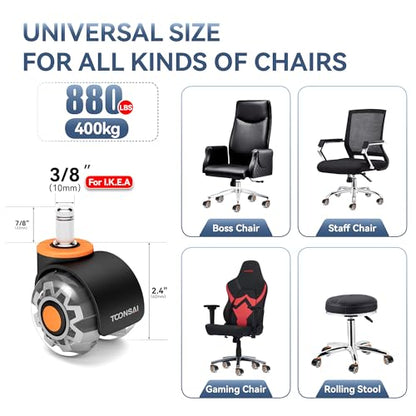 2 Inch Replacement Office Chair Wheels for IKEA Chair, Computer Gaming Castor for Carpet, Stem 3/8-7/8, Set of 5 for Furniture Hardwood Hard Floors Chair Caster Tile Smooth Safe Quiet Rolling,(Orange) - style: Fit 1KEA ( CLR & Orange- 2 in)