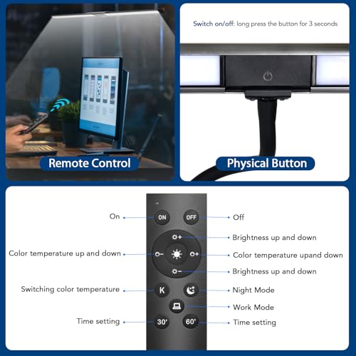 33Inch Desk Lamp for Home Office, Eye-Caring Architect Desk Lamp with Clamp, 24W Ultra Bright Auto Dimming Computer Light Stepless Dimming and Tempering Table Light for Reading, Study, Work