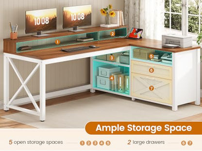 SEDETA Farmhouse L Shaped Desk, 55" Home Office Desk with Drawers and Storage Shelves, L Shaped Gaming Desk with LED Lights, Power Outlet and Monitor Shelf, Brown - color: Brown