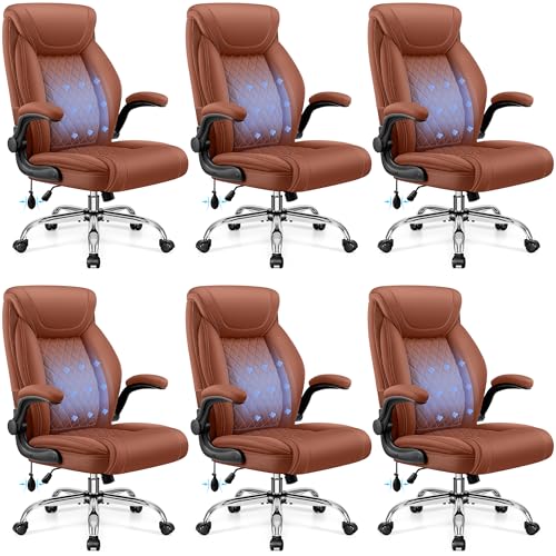 BestGlory Executive Office Chair with Lumbar Support, Big and Tall Ergonomic Computer Desk Chair, Leather Comfy High Back Gaming Chair with Flip Up Arms & Rocking Function for Home Office, Brown - color: Brown, size: 6 Pack