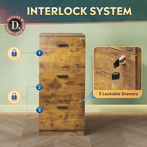 DEVAISE 3 Drawer File Cabinet with Lock, Wood Printer Stand, Rustic Brown - color: Rustic Brown
