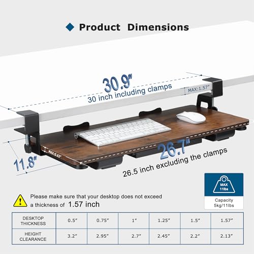 Keyboard Tray Under Desk with Drawer,26.77" X 11.81"Large Size Keyboard Tray with C Clamp-on Mount, Easy to Install, for Home Office (Mahogany) - color: Mahogany