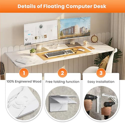 IAE Wall Mounted Folding Desk,Floating Computer Desk for Small Spaces,White | 48x22in engineered wood desktop with metal brackets, folds flat to save space in home office, apartment and laundry room - color: White, size: 48"*22"