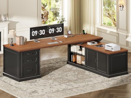 SEDETA Farmhouse L Shaped Desk with Drawers, 70.9" Home Office Desk with Storage Cabinet and Storage Shelves, L Shaped Computer Desk with Power Outlet，Black+Brown - color: Black+brown, size: 70.9" L Shaped Desk