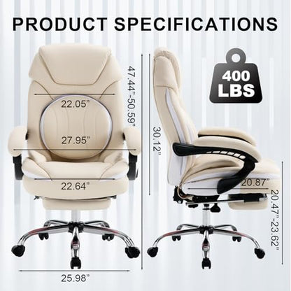 Comfortable Reclining Office Desk Chair with Foot Leg Rest, Beige | Big Tall Computer Gaming Chair, Adjustable Lumbar Back Support, Wide Seat, Heavy Duty, Wheels, Faux Leather - color: Cream Beige